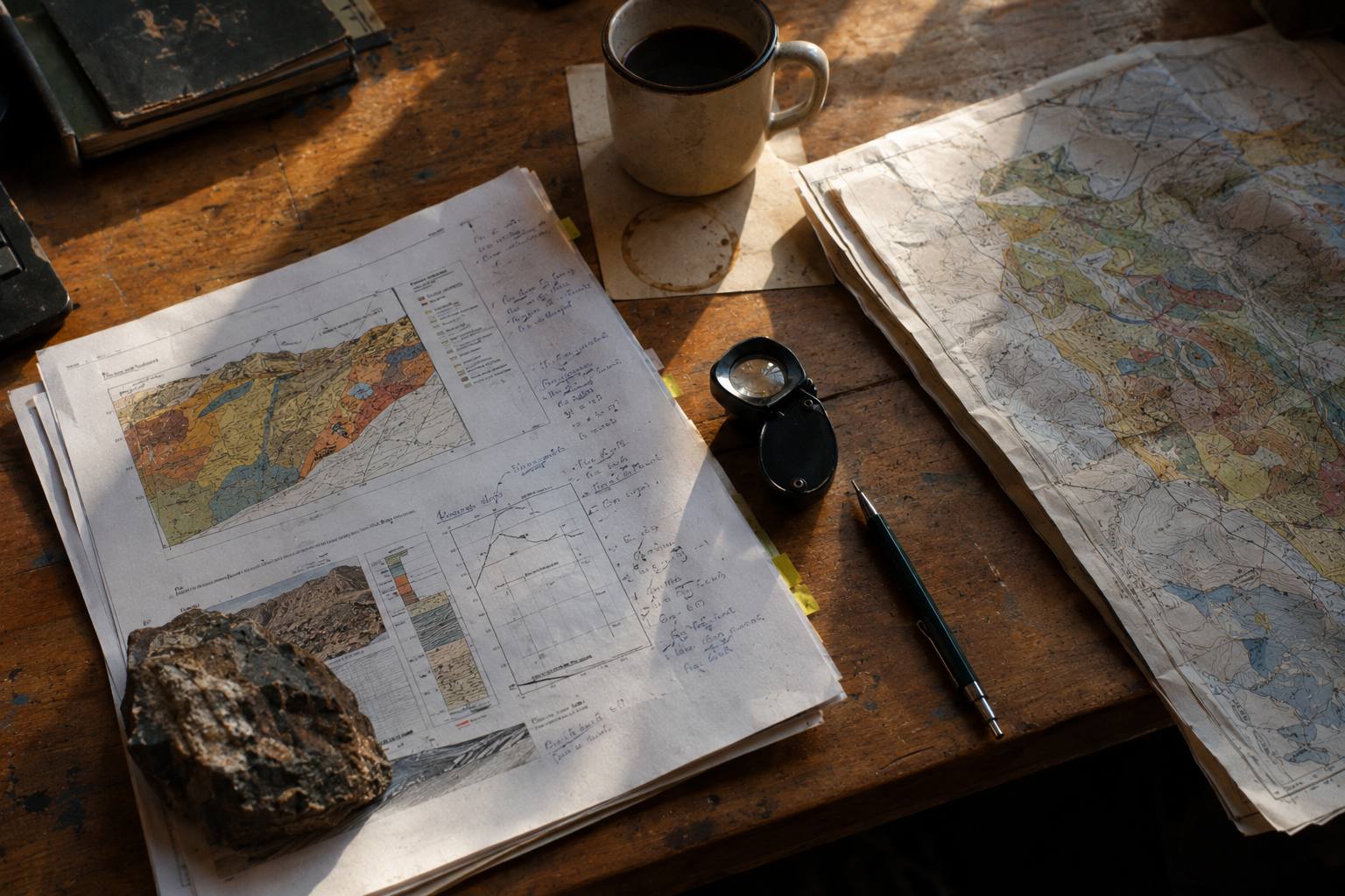 Escritorio con un informe técnico anotado, un mapa geológico, una lupa y una taza de café