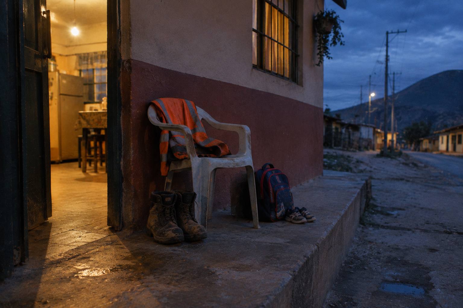 Botas de trabajo y chaleco reflectivo junto a una mochila escolar en la puerta de una casa al amanecer