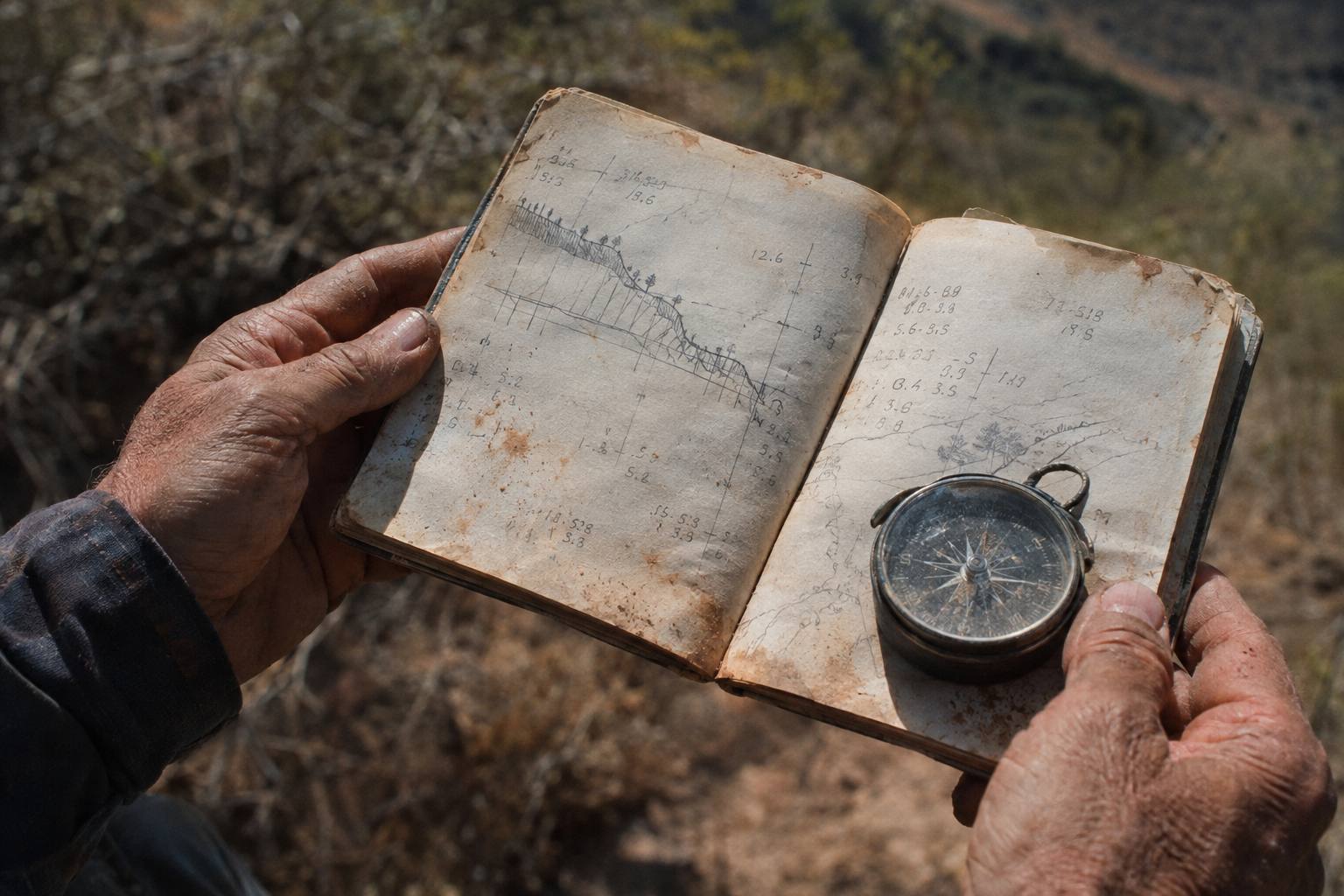 Manos curtidas sosteniendo una libreta de campo con un perfil topográfico y una brújula