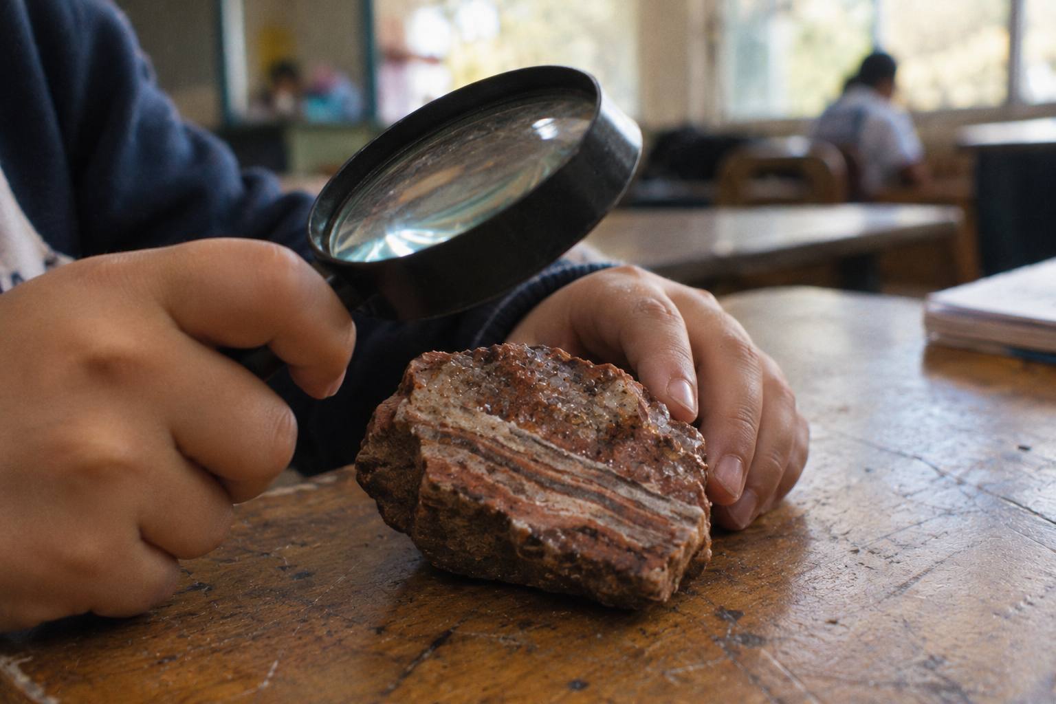 Manos de un niño observando una roca con una lupa