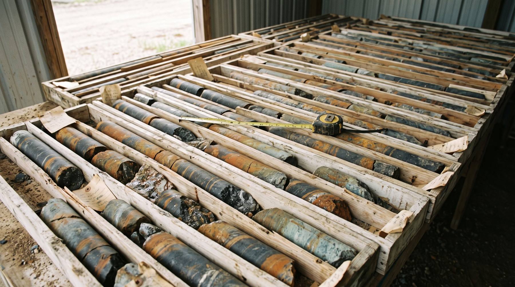 Cajas de madera con núcleos de perforación de roca