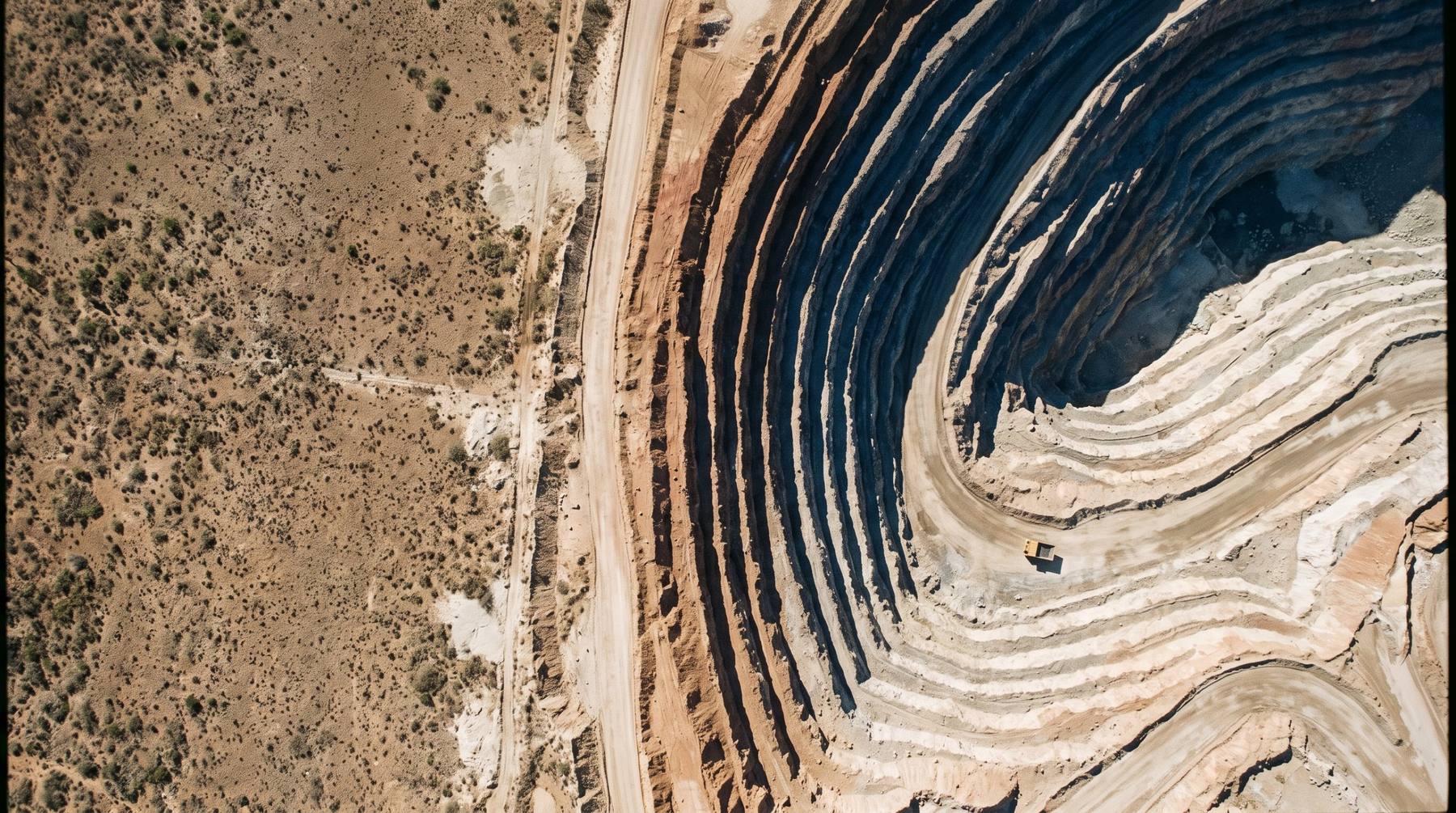 Vista cenital de las terrazas de una mina a cielo abierto junto al terreno seco