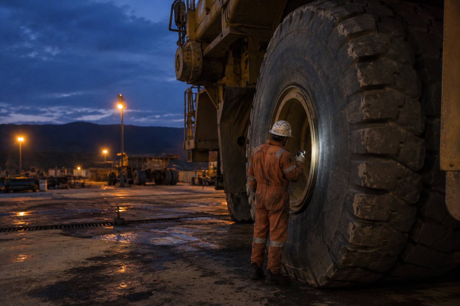Técnico de mantenimiento revisando la llanta de un camión minero al anochecer
